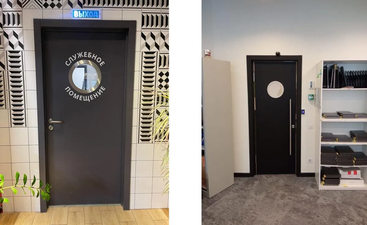 Двери с иллюминатором от производителя "Двери Остиум", установленные в служебных помещениях